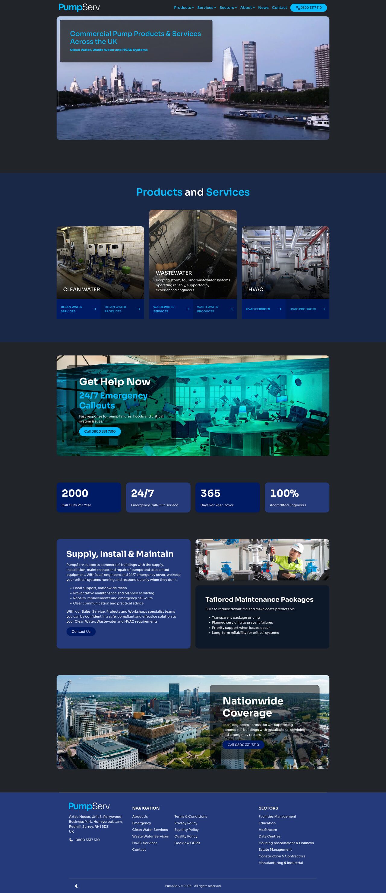 PumpServ desktop website preview, dark mode